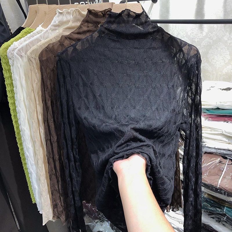 歐貨半高領蕾絲打底衫女內搭秋冬季洋氣鏤空疊穿紗衣黑色網紗上衣
