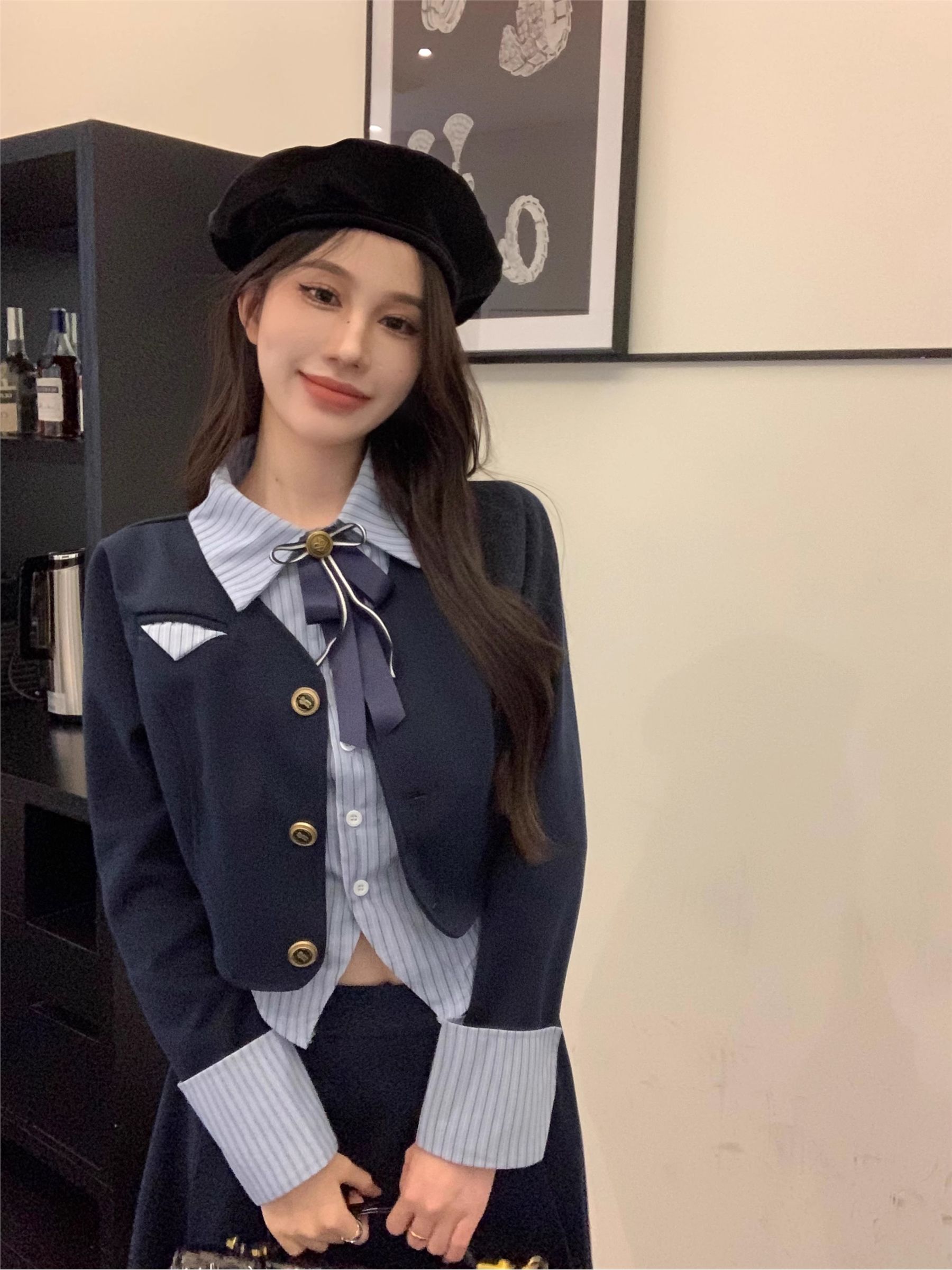 美式學院風套裝假兩件條紋拼接上衣女裝秋季百褶半身裙長裙兩件套