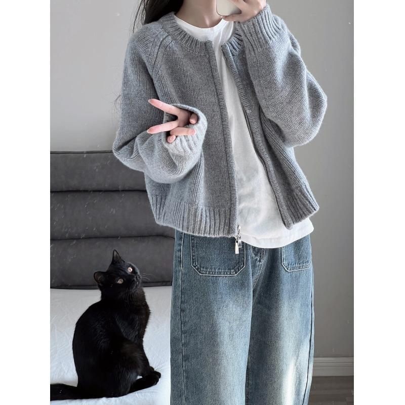 【7826 people praise】Gray short sweater jacket for women's autumn and winter  new loose thickened zipper cardigan long-sleeved knitted top