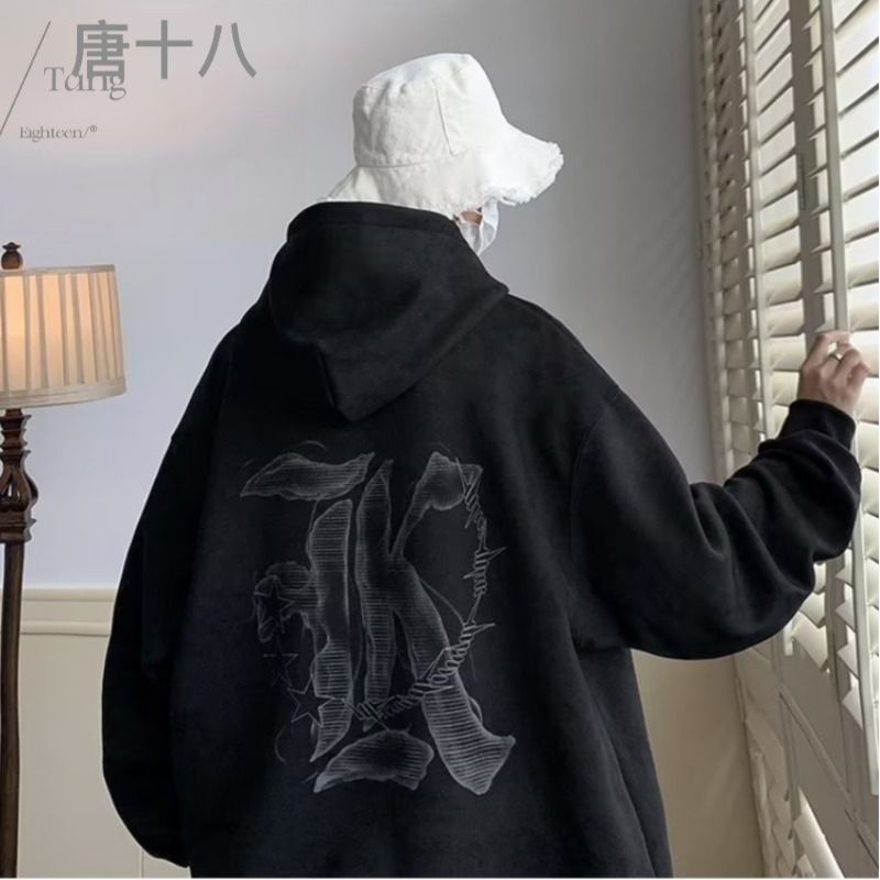 麂皮絨圖案印花衛衣男秋季新款高街vibe寬鬆潮流百搭情侶上衣外套