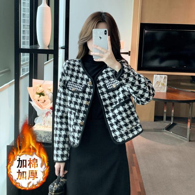 Spring and Autumn Small Fragrance Style Houndstooth Short Jacket for Women Spring and Autumn Women's Clothing  New European Tops