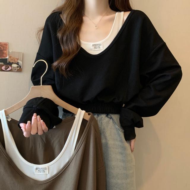 大碼設計感假兩件寬鬆衛衣女秋冬2023新款甜辣氣質短款顯瘦上衣潮