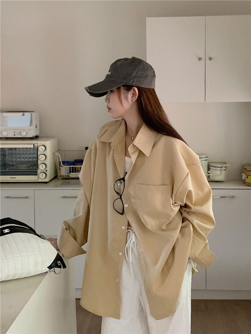 Blue long-sleeved shirt for women autumn 2023 new retro Hong Kong style loose mid-length lapel versatile cardigan top