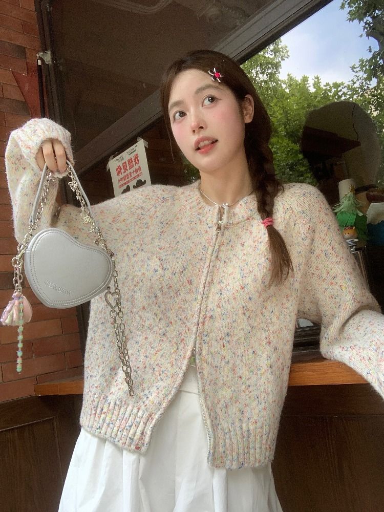 新款寬鬆短款針織衫上衣美式軟糯長袖小個子女士2023開衫毛衣外套
