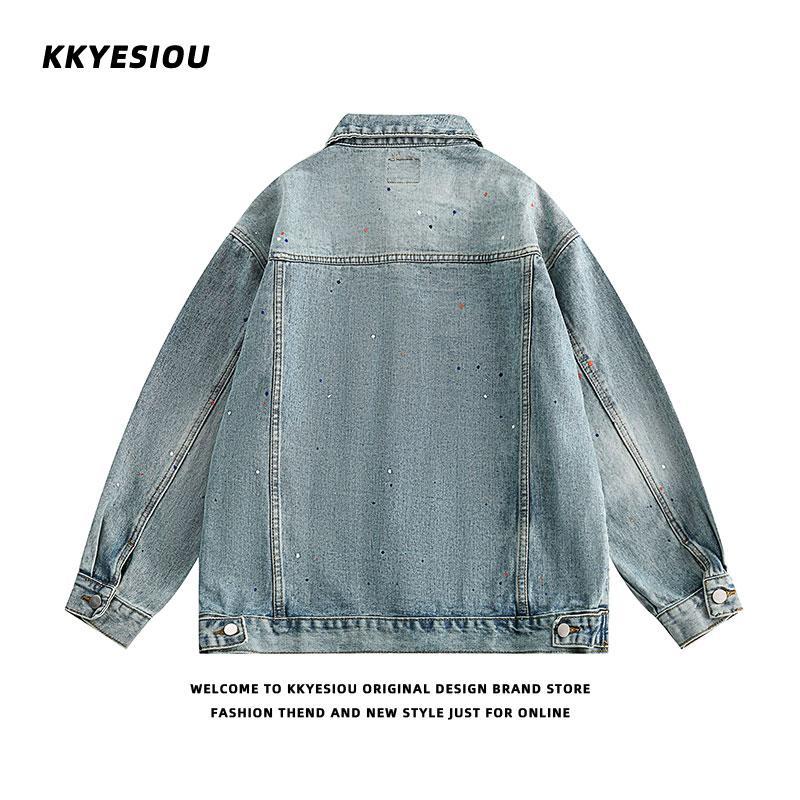 KKyesiou American trendy brand washed graffiti printed denim jacket for men and women casual  autumn couple baseball uniform