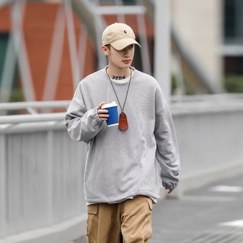 歐美式潮牌純色長袖t恤男女春秋季街頭寬鬆情侶打底衫上衣
