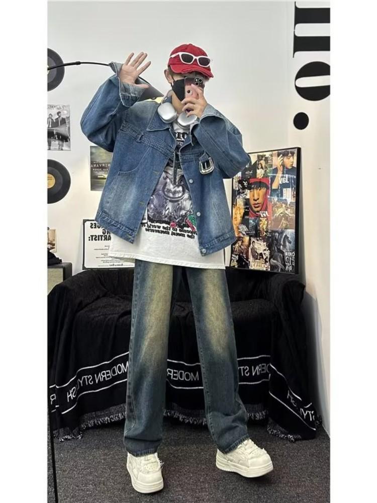 Super Pants Star Retro Blue Straight Jeans Men's 2023 New Washed and Distressed American High Street Casual Pants
