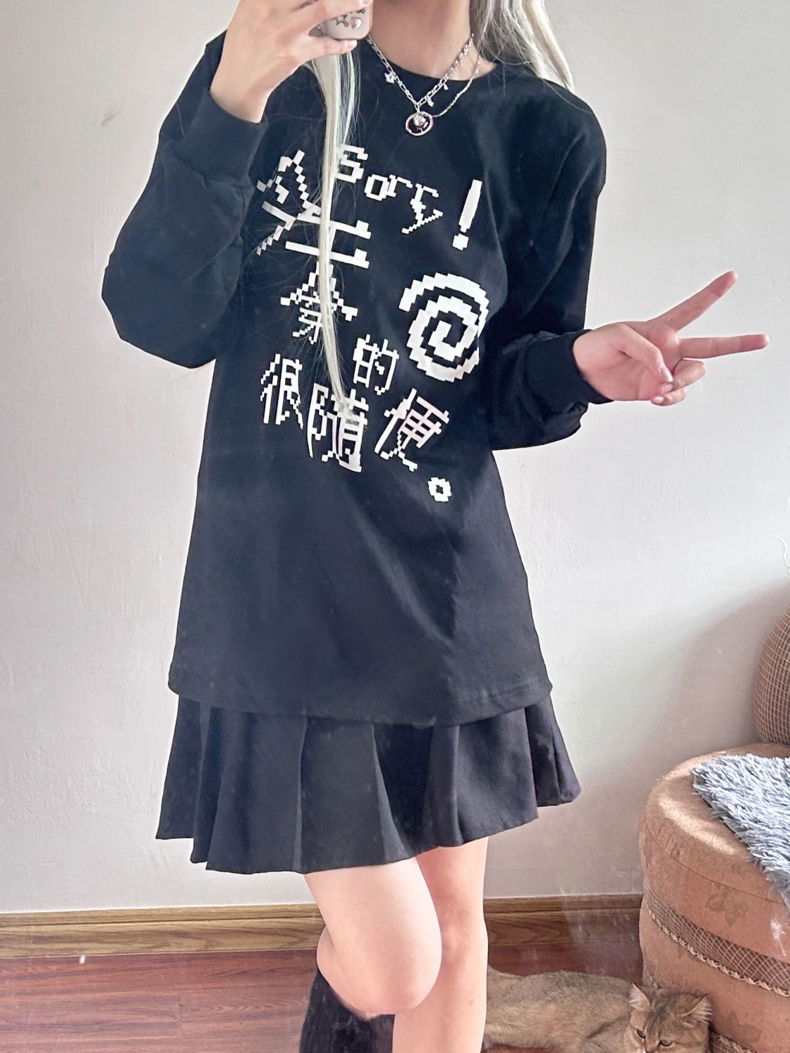 美式復古設計感印花長袖T恤女秋季薄款休閒寬鬆圓領休閒內搭上衣
