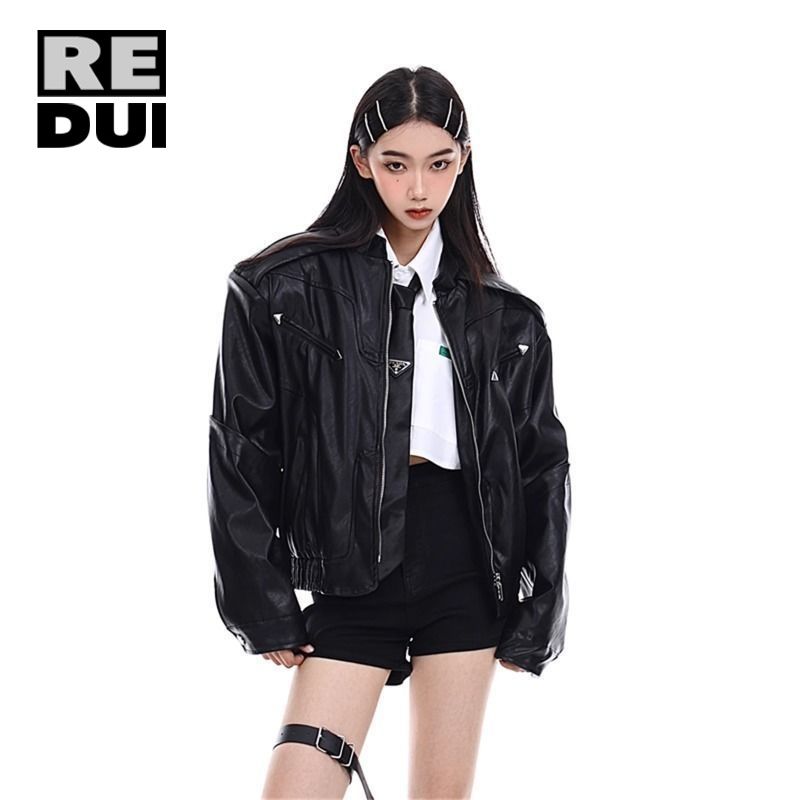 美式小眾高級感黑色pu皮衣外套潮男女設計感廓形墊肩復古機車夾克