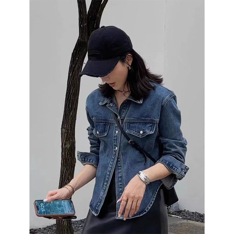 High-end hot style retro denim short jacket trendy spring and autumn new Hong Kong style chic fashion versatile outer shirt for women