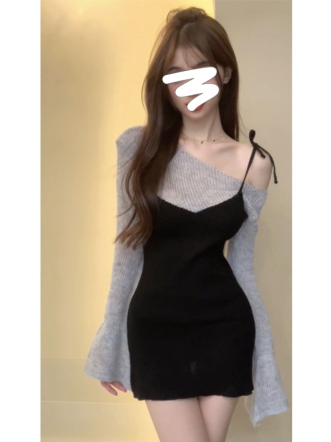 秋季女2023新款純欲風性感辣妹御姐范修身針織假兩件包臀連衣裙