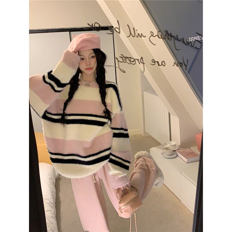 溫柔風奶fufu仿水貂絨條紋毛衣女秋冬新款寬鬆慵懶風減齡軟糯上衣