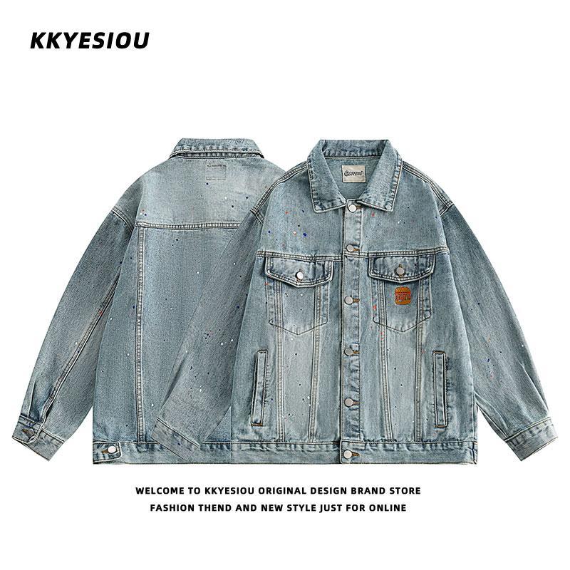 KKyesiou American trendy brand washed graffiti printed denim jacket for men and women casual  autumn couple baseball uniform