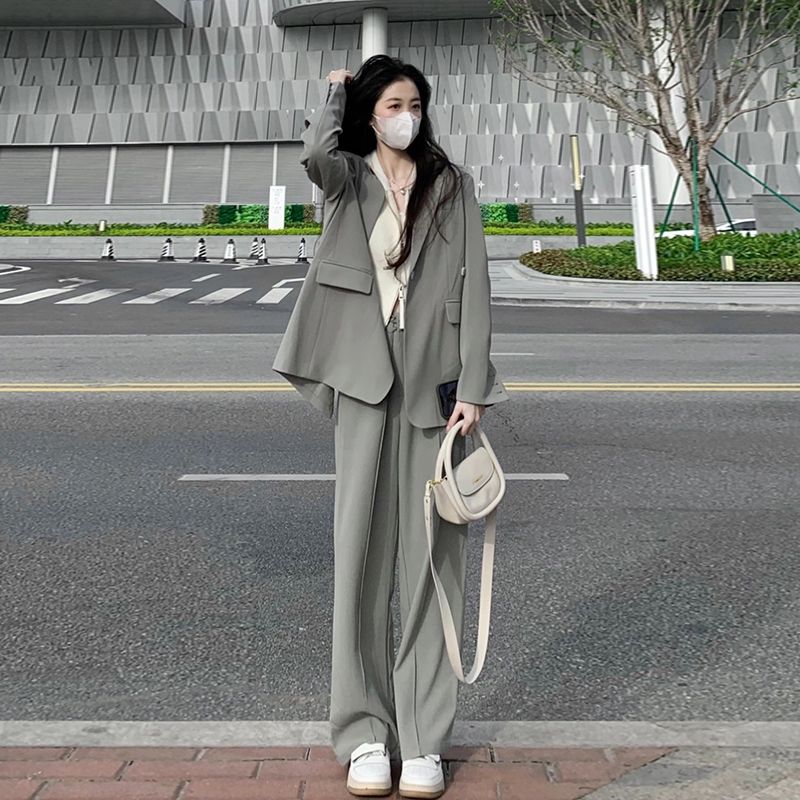 Gray small suit jacket for women 2023 spring and autumn new two-piece suit small high-end loose casual suit