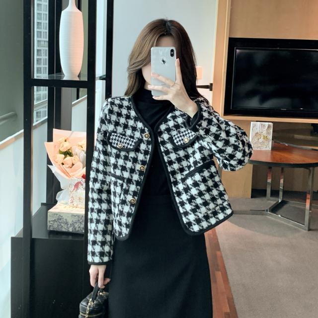 Spring and Autumn Small Fragrance Style Houndstooth Short Jacket for Women Spring and Autumn Women's Clothing  New European Tops