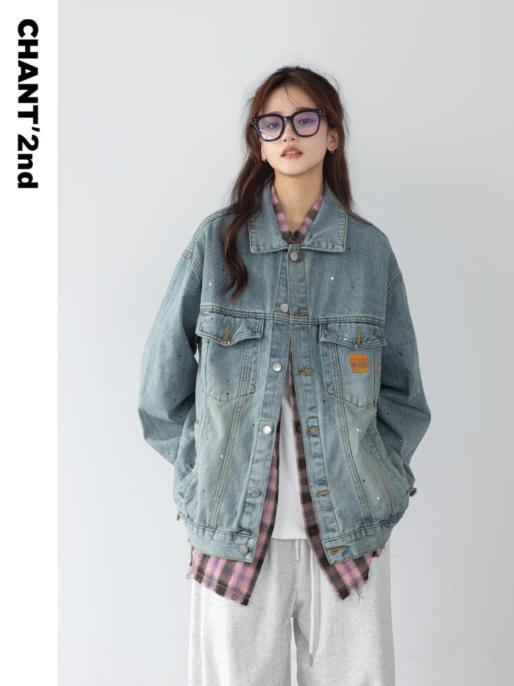 AzLan splash denim jacket women's design niche retro washed old loose casual couple jacket trendy