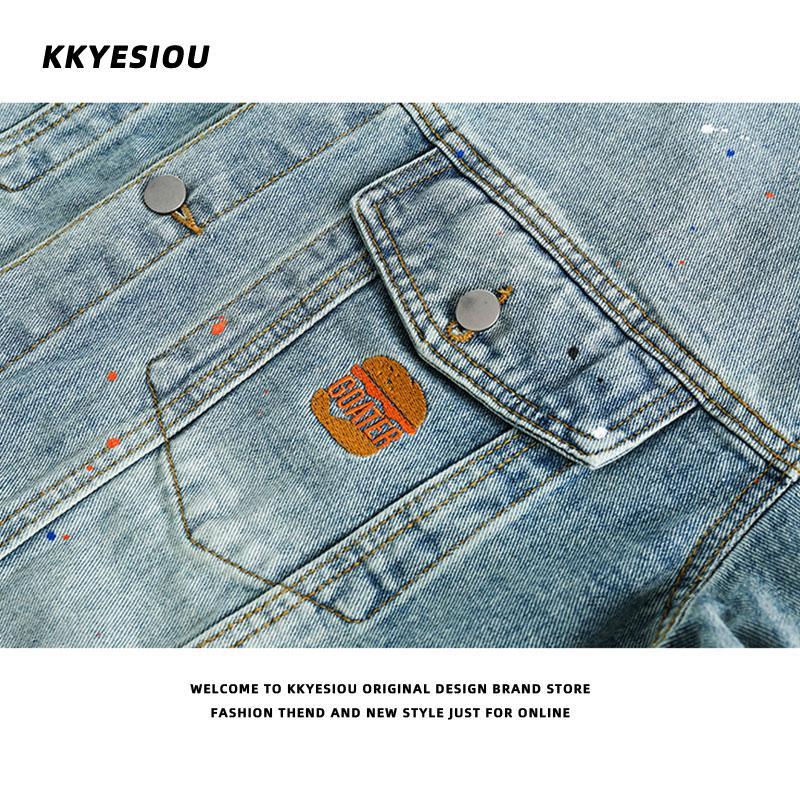 KKyesiou American trendy brand washed graffiti printed denim jacket for men and women casual  autumn couple baseball uniform