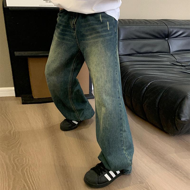 Holocene美式潮牌復古水洗做舊牛仔褲男寬鬆直筒撞色高街百搭褲子