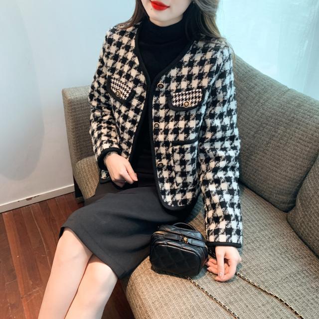 Spring and Autumn Small Fragrance Style Houndstooth Short Jacket for Women Spring and Autumn Women's Clothing  New European Tops