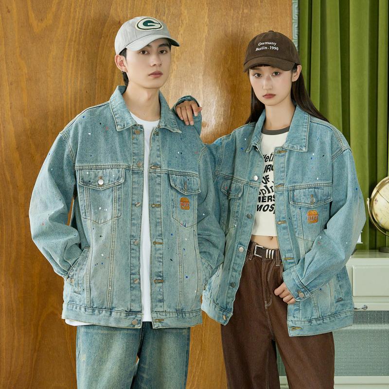 Spring and Autumn Loose American Retro Trendy Brand Washed Distressed Printed Denim Jacket Women's Couple Jacket