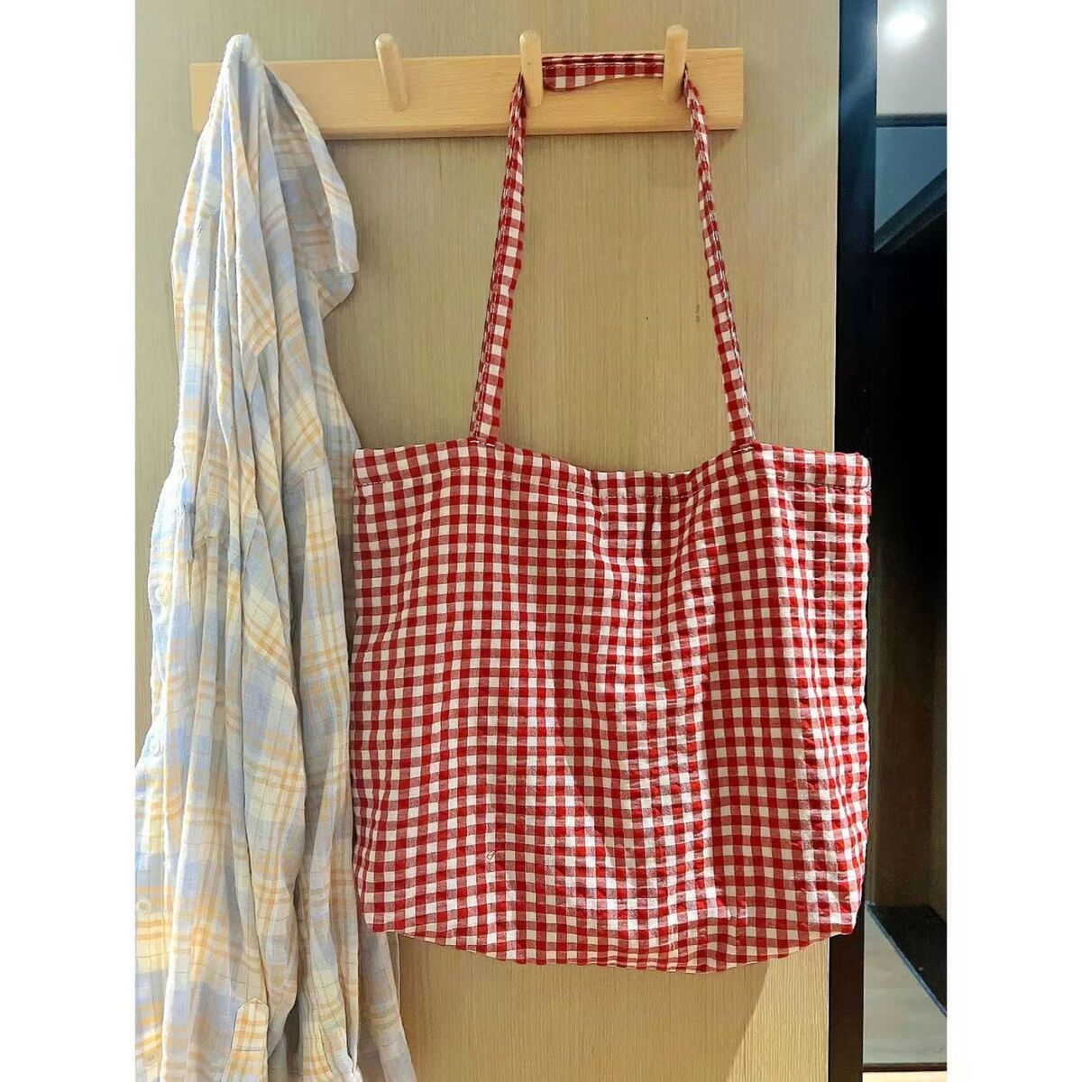 Xiaohongshu Same Checkered Canvas Bag 2023 New Korean Minority Shoulder Bag Casual Retro Tote Bag for Women