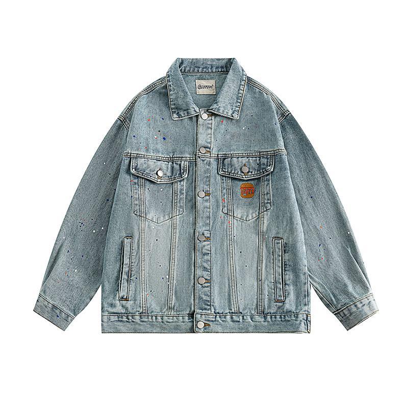 KKyesiou American trendy brand washed graffiti printed denim jacket for men and women casual  autumn couple baseball uniform