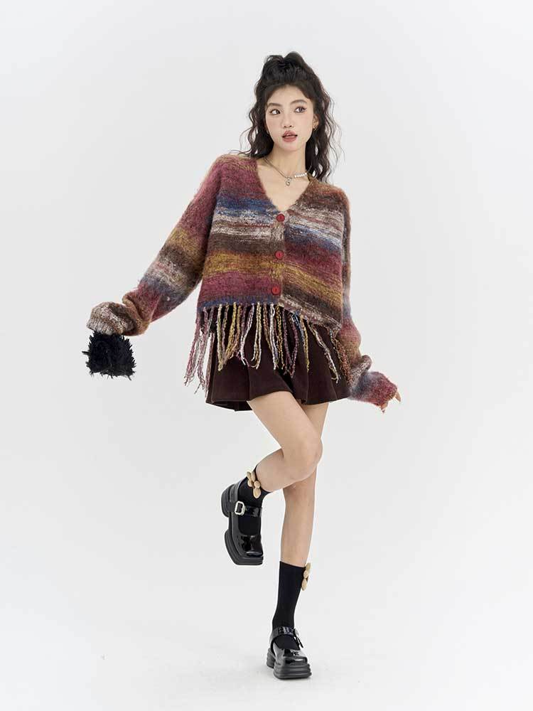 復古重工流蘇漸變條紋毛衣女2023早秋新款設計感寬鬆針織開衫外套