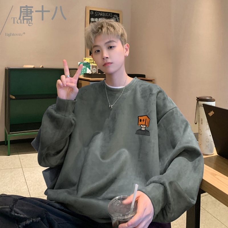 麂皮絨衛衣男士春秋季美式復古套頭上衣痞帥重磅休閒寬鬆無帽外套