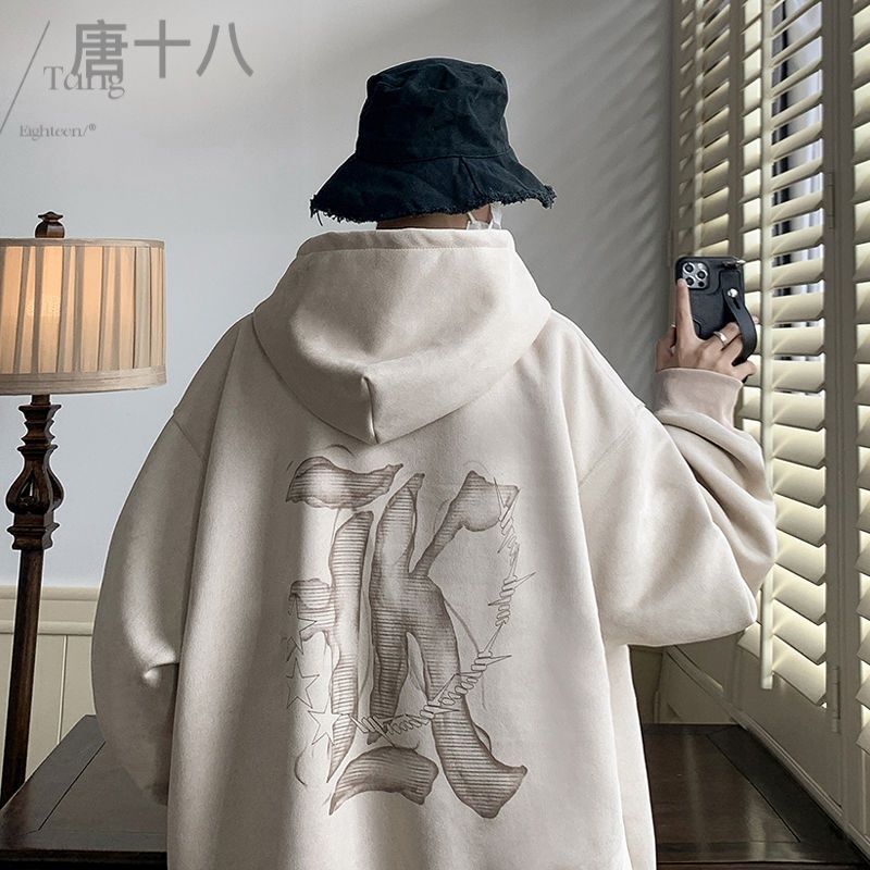 麂皮絨連帽衛衣男秋季新款美式復古重磅潮牌潮流百搭寬鬆休閒外套