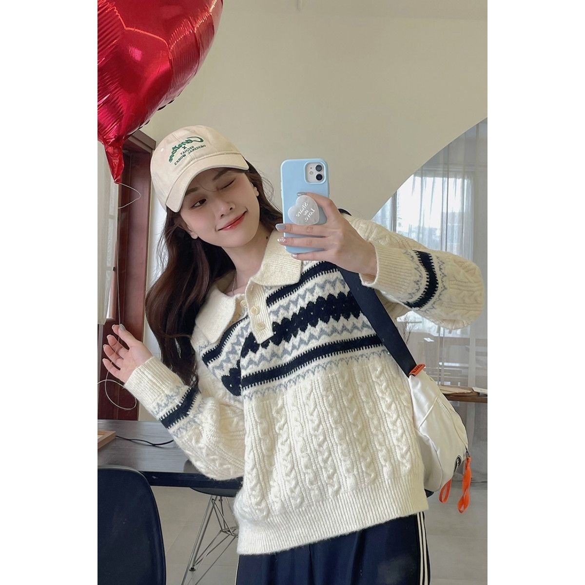polo領毛衣女秋冬新款復古軟糯提花溫柔寬鬆條紋軟糯套頭針織上衣