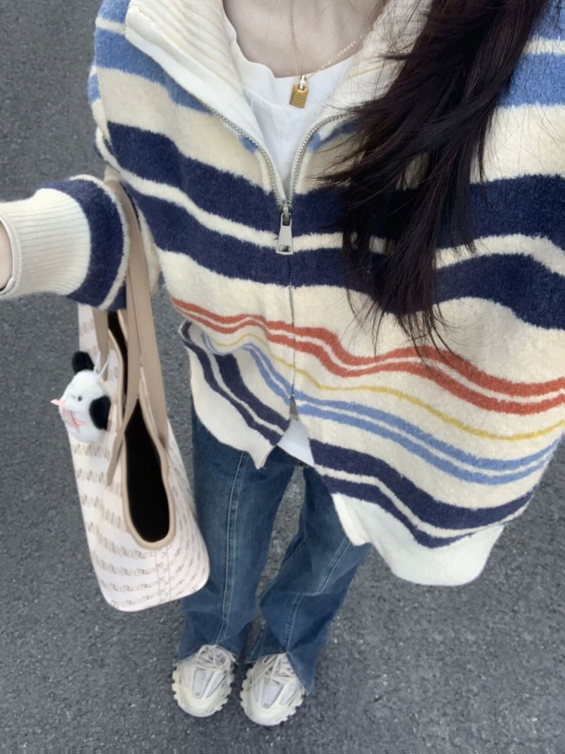 2023慵懶風彩虹條紋復古早秋立領拉鏈毛衣開衫外套新款針織秋冬女