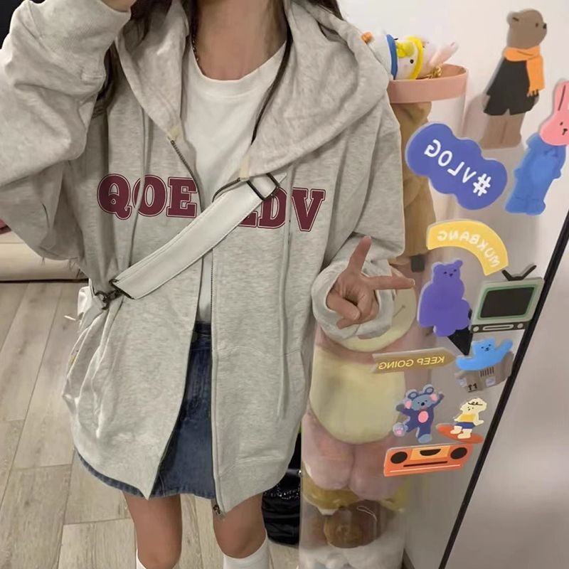 100%重磅純棉簡約oversize字母印花連帽開衫外套女2023春秋薄款潮