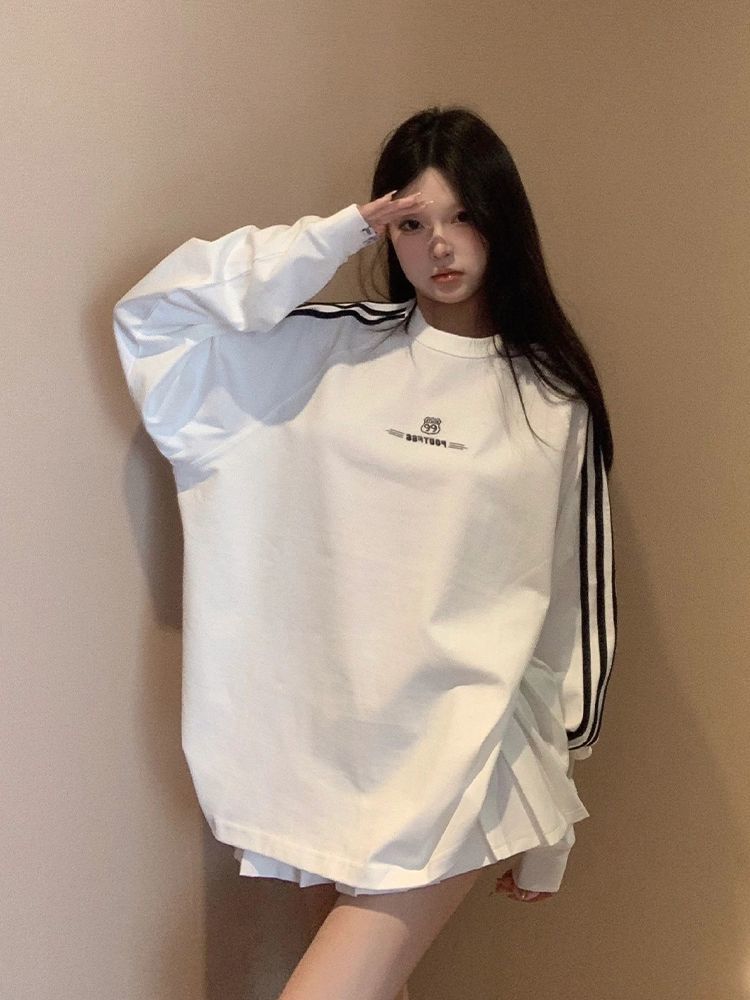 美式潮牌長袖衛衣女秋季新款三條槓撞色t恤寬鬆圓領情侶運動上衣