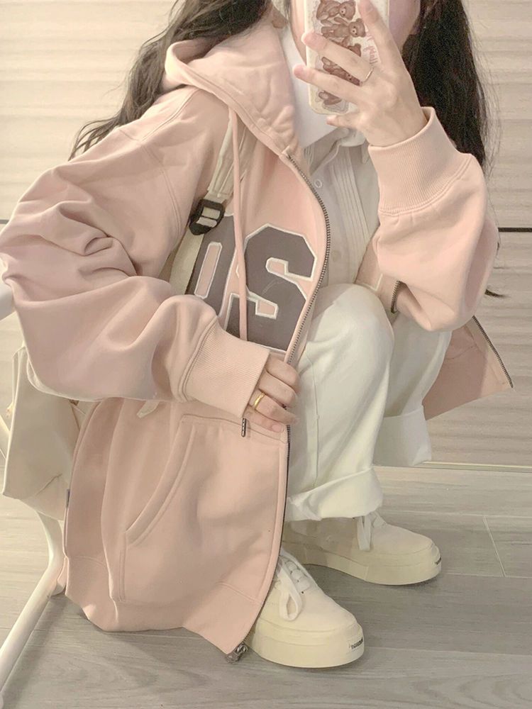 美式復古oversize連帽衛衣女春秋薄款韓系慵懶風chic開衫拉鏈外套