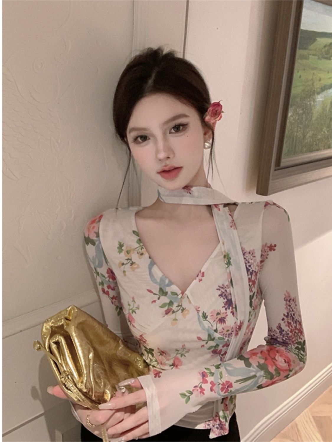 碎花顯瘦長袖2023秋季女v領新款上衣復古襯衫氣質襯衣外穿chic
