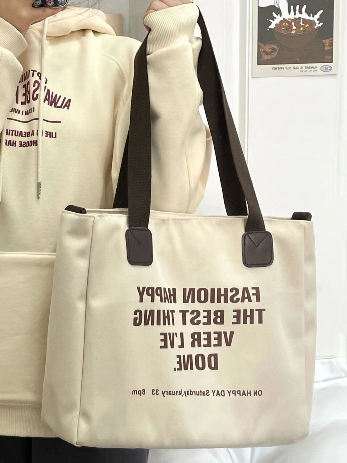 2023 Academic Style High Capacity Tote Bag American Letter Canvas Shoulder Bag Commuter Versatile Handheld Crossbody Bag for Women