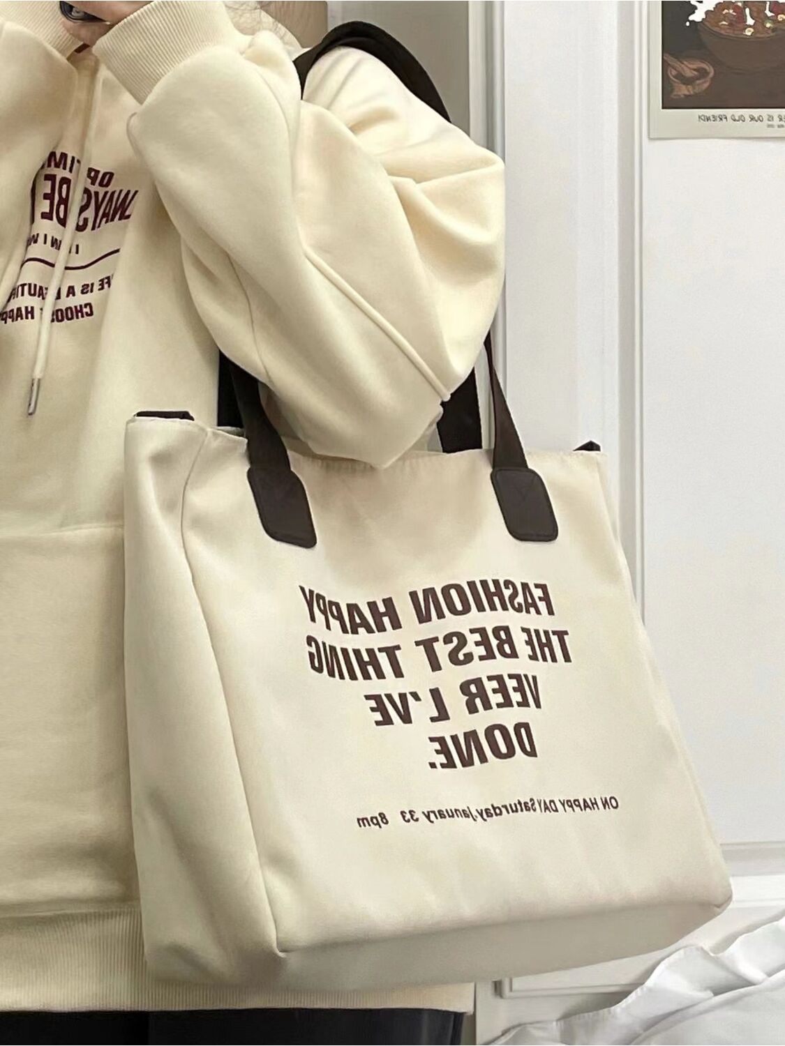  Academic Style High Capacity Tote Bag American Letter Canvas Shoulder Bag Commuter Versatile Handheld Crossbody Bag for Women