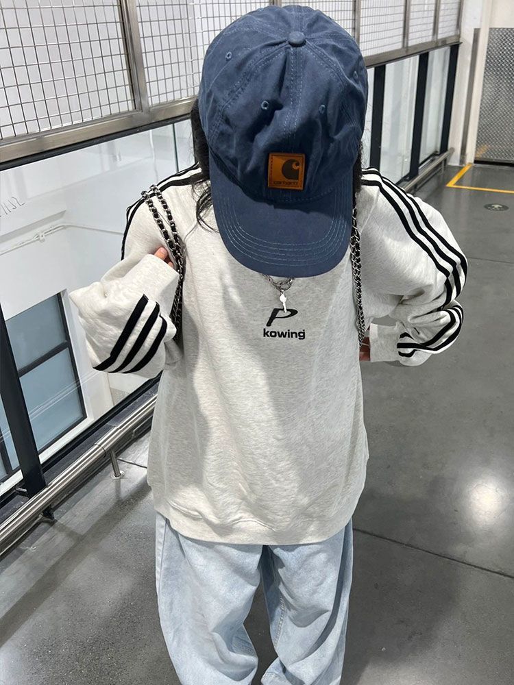 美式復古三條槓條紋衛衣女秋季新款設計感小眾寬鬆長袖情侶上衣潮