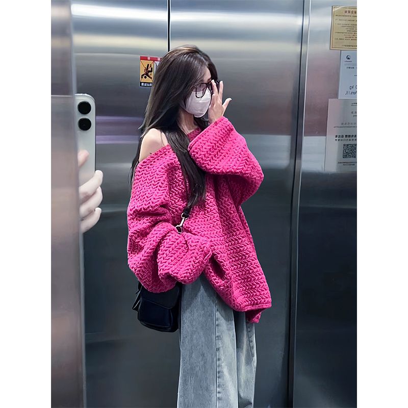 韓版高級感慵懶風長袖毛衣外套女2023秋冬新款寬鬆顯瘦露肩上衣潮