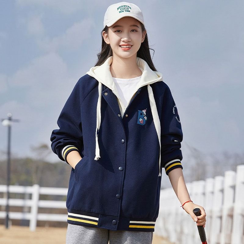 卡通刺繡拼色棒球服外套女春秋款學生寬鬆學院風甜美減齡百搭夾克