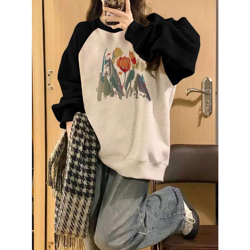 【純棉】美式慵懶chic插肩袖衛衣女2023新款小個子寬鬆圓領無帽潮