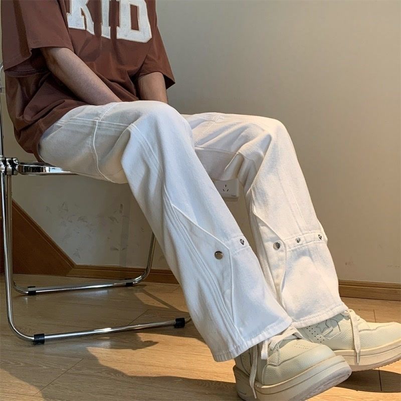 白色牛仔裤男春季设计感宽松直筒微喇裤子美式高街潮牌百搭阔腿裤