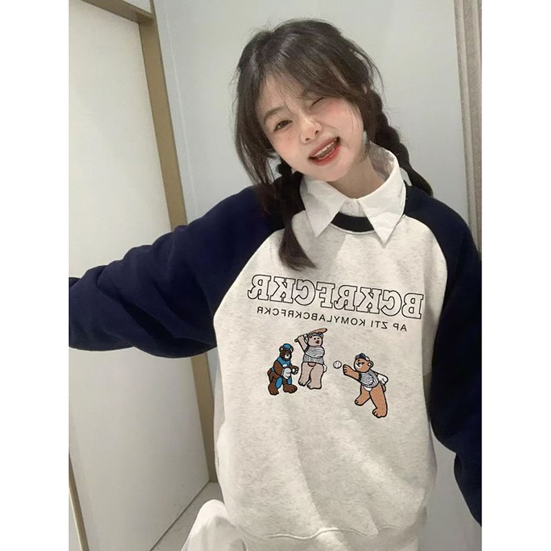 100%重磅純棉oversize卡通小熊印花插肩袖衛衣女2023春秋薄款上衣