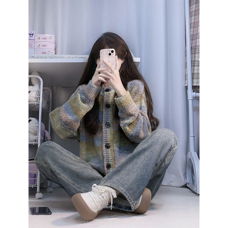 多巴胺彩色氛圍感吊染單排扣毛衣外套女秋冬寬鬆別致小眾開衫上衣