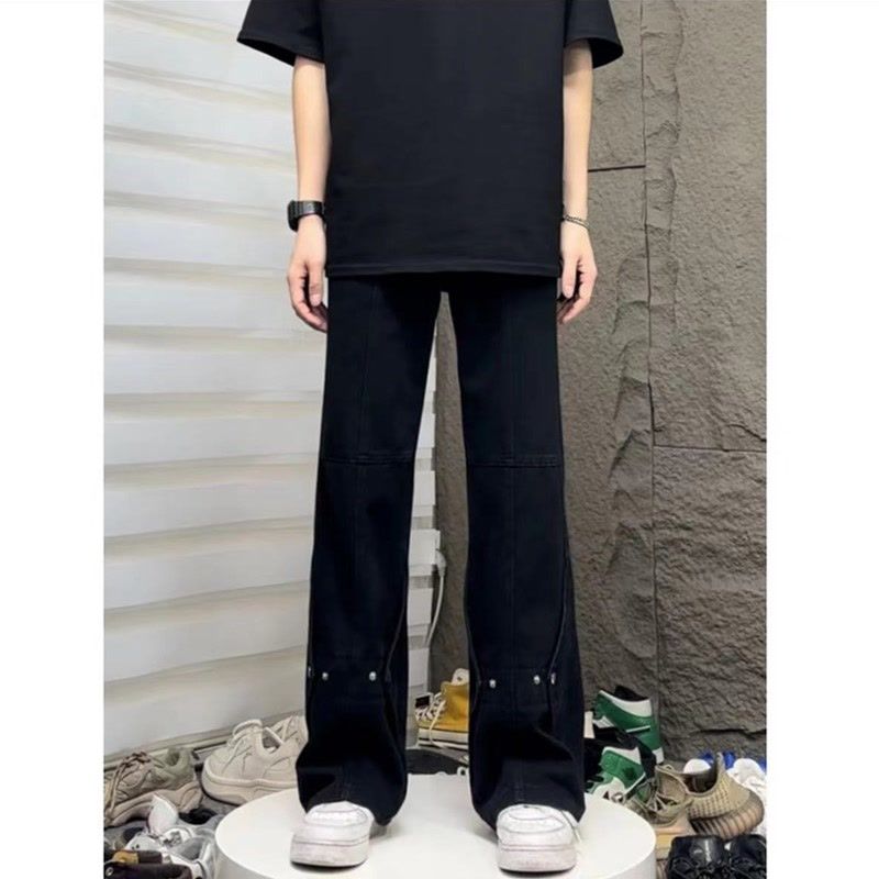 高級感純色微喇牛仔褲潮牌男女百搭簡約休閒褲腳設計寬鬆長褲潮流