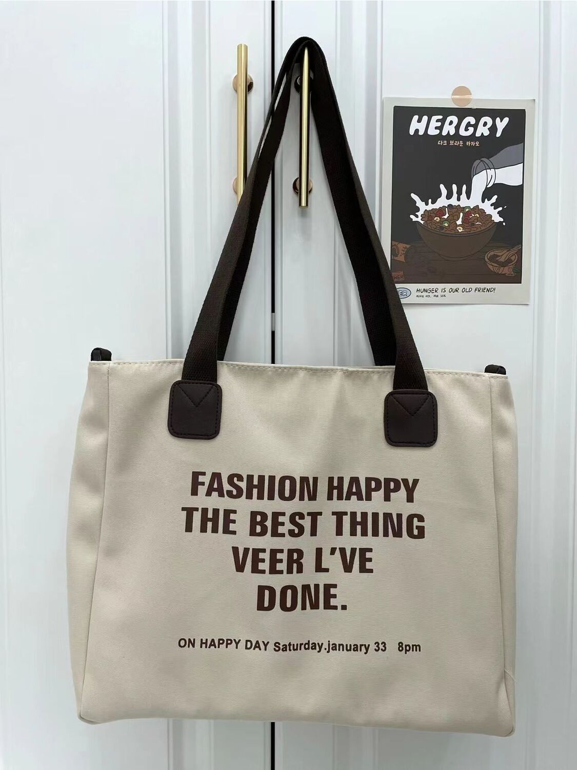  Academic Style High Capacity Tote Bag American Letter Canvas Shoulder Bag Commuter Versatile Handheld Crossbody Bag for Women