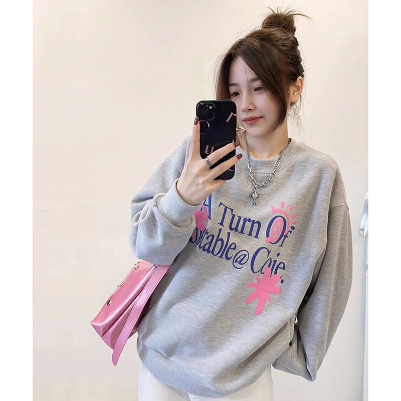 100%重磅純棉美式復古彩色字母衛衣女2023春秋薄款上衣慵懶國潮牌