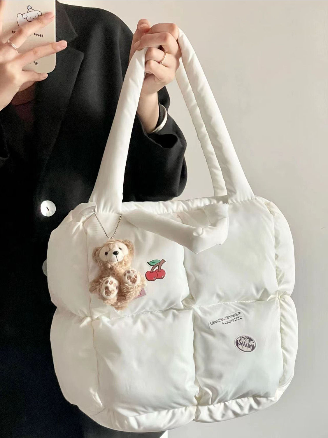 Winter Warm Down Handbag 2023 New Small Grid Square Pillow Bag Solid Simple Shoulder Bag