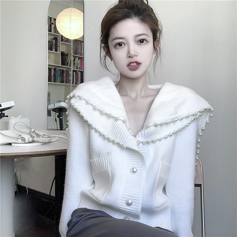 慵懶風翻領針織開衫女2023秋冬新款時尚釘珠潮流甜美減齡寬鬆毛衣