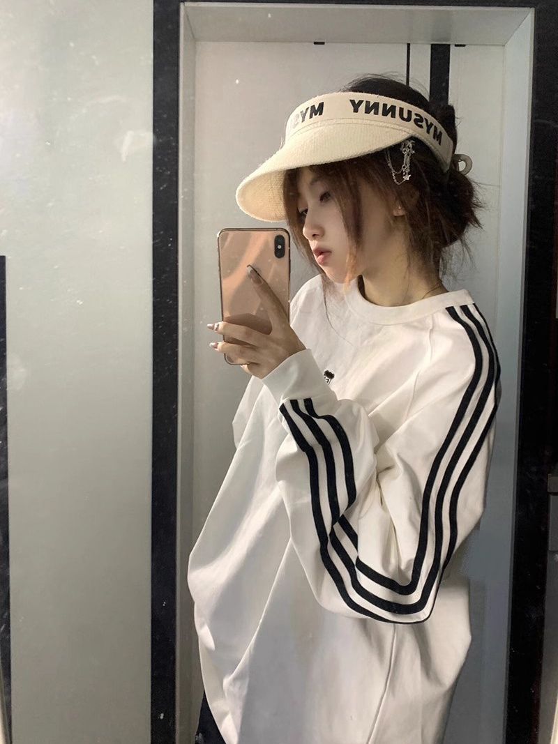 國潮牌三條槓字母套頭衛衣女春秋薄款寬鬆設計感小眾休閒百搭上衣
